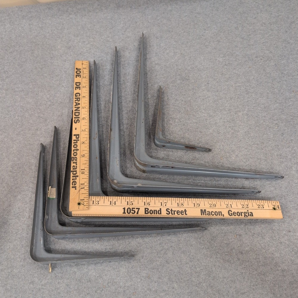 Vtg Industrial Gray Metal L-Brackets Wall Shelf Supports Set of 7 Mixed Sizes - Picture 2 of 4